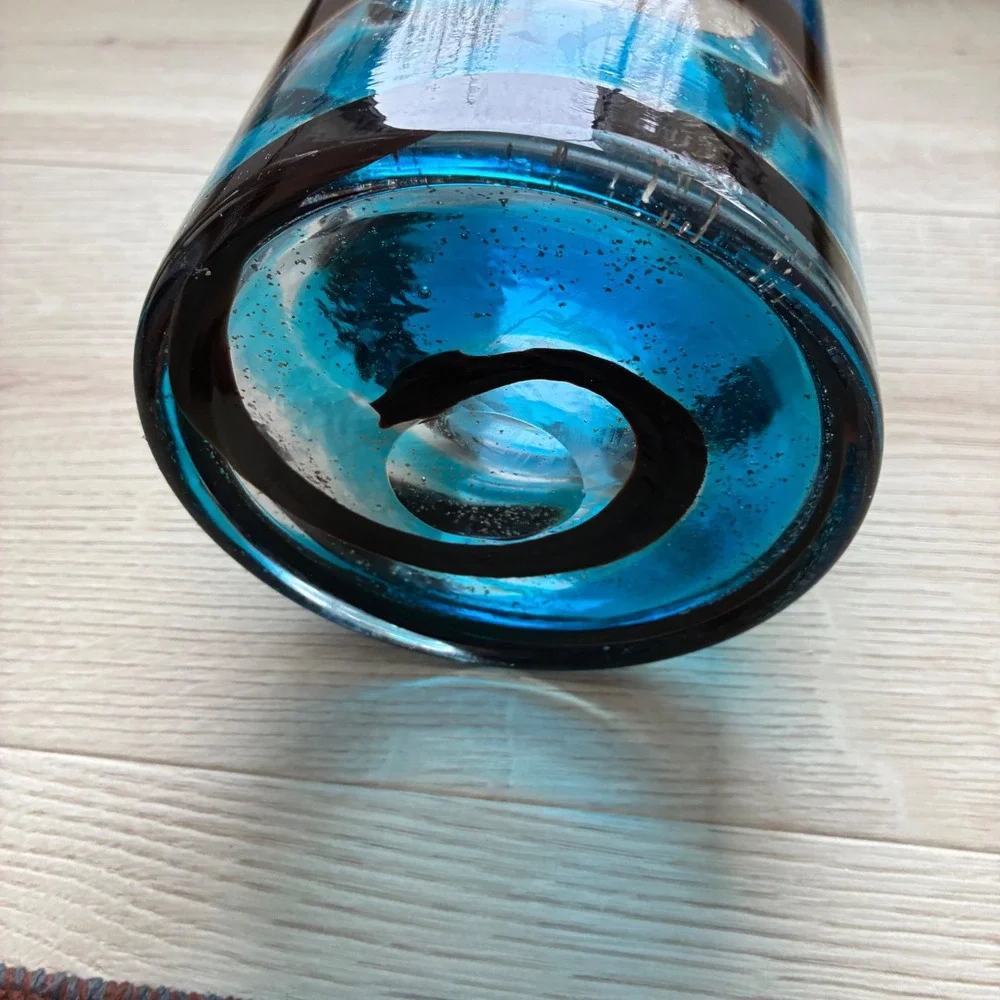 Vintage Murano Style Hand Blown Art Glass Vase Turquoise Blue Brown Swirl 9.5in